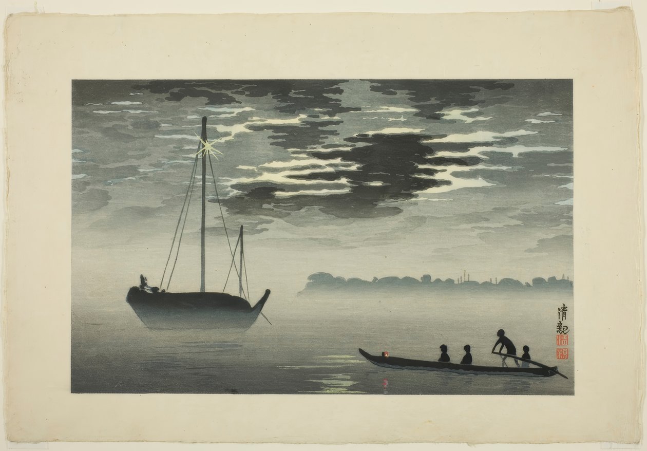 Luz de luna a través de las nubes en la costa de Haneda de Kiyochika Kobayashi