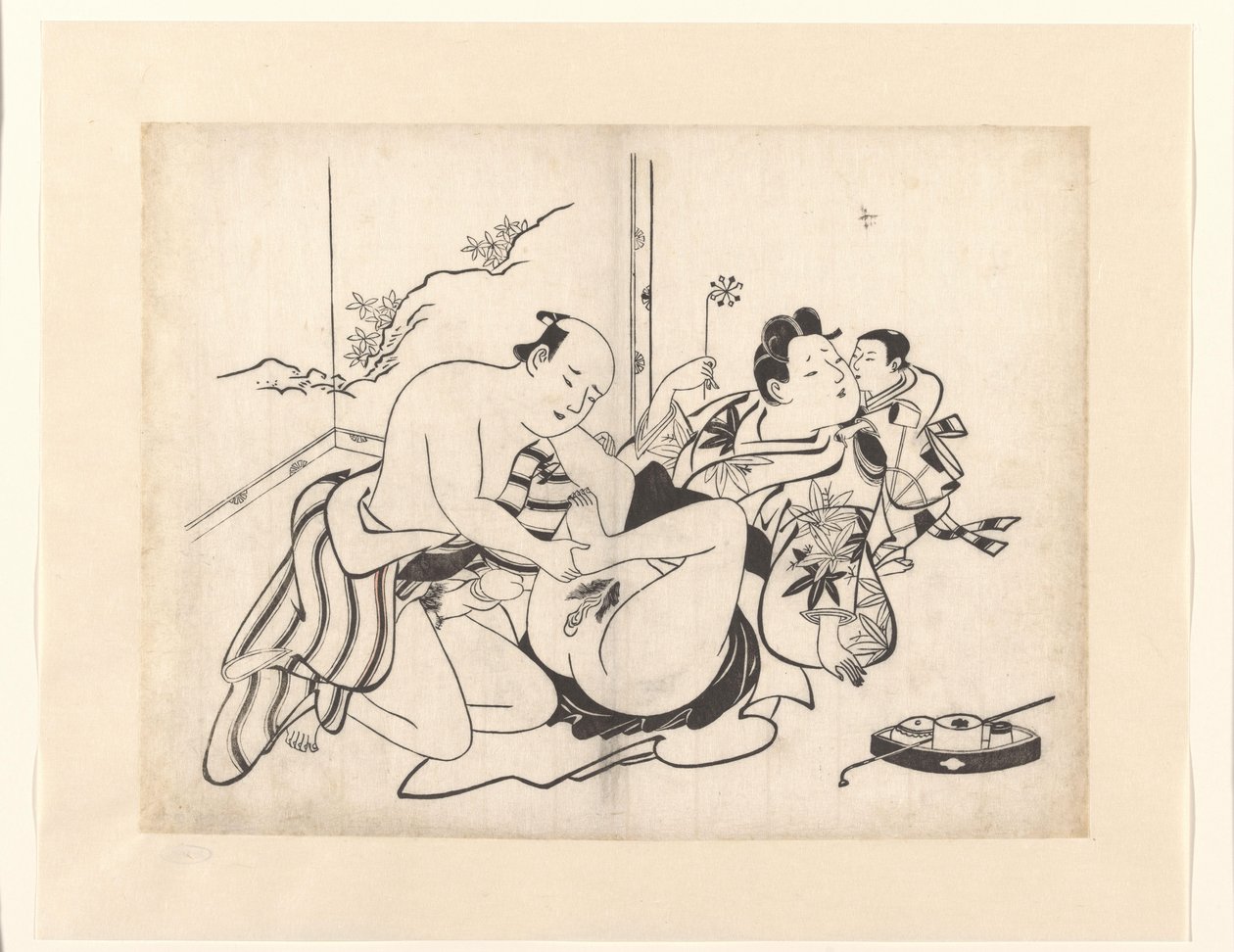 Espectáculo erótico con utensilios para fumar y biombo de Kiyonobu (I) , Torii