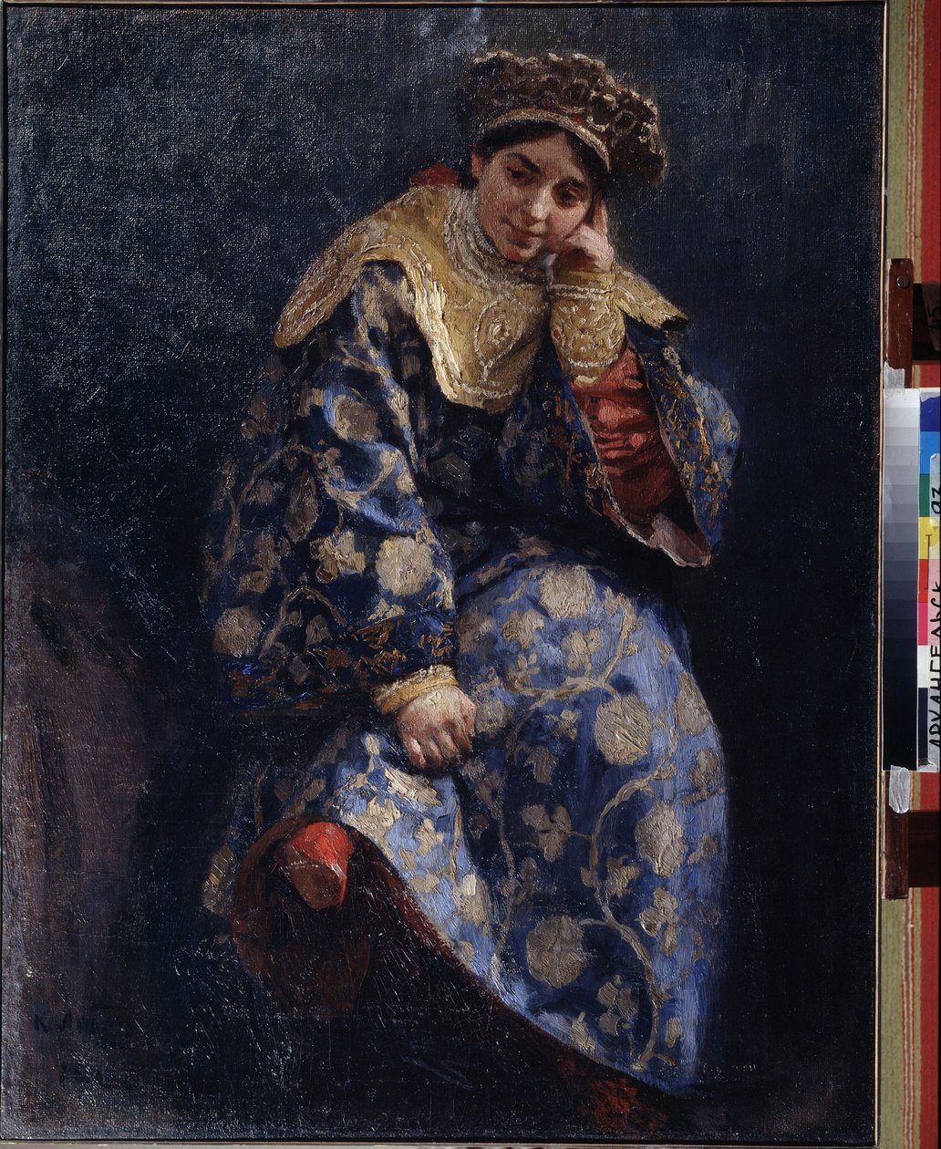 La hija de Boyar (Boiard, boiar) (La hija de Boyar). Retrato de una joven noble rusa tradicional, durante la época de los disturbios, entre 1598 y 1613. Pintura de Klavdi Vasilyevich Lebedev (1852-1916), óleo sobre lienzo de Klavdiy Vasilievich Lebedev