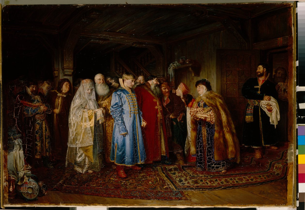 Boda boyarda (boyar, boyardo) en el siglo XVI, la novia lleva un kokochnik (La boda del boyardo) - Óleo sobre lienzo de Klavdi Vasilyevich Lebedev (1852-1916) de Klavdiy Vasilievich Lebedev
