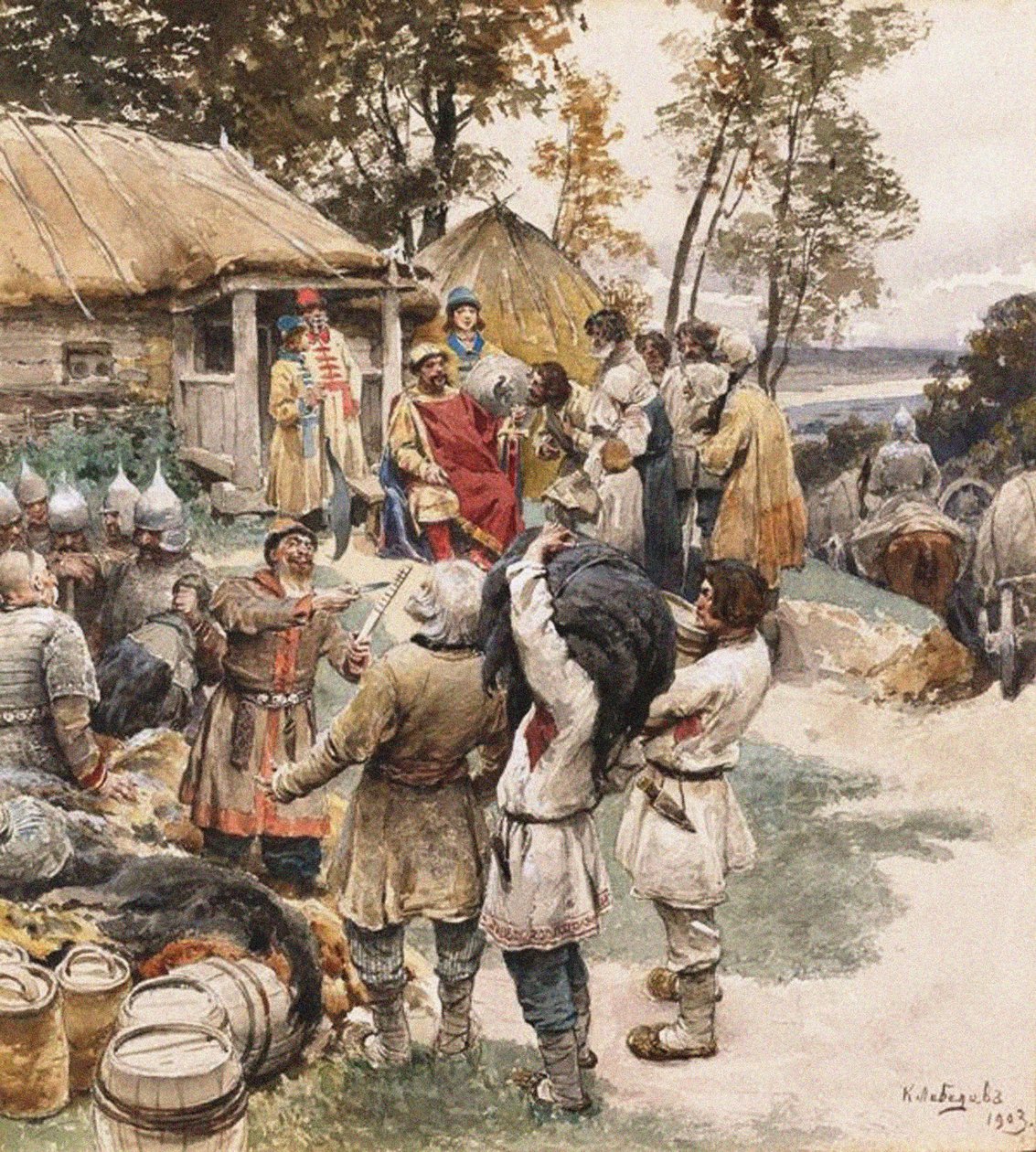 Poliudie Recolectando tributo. Igor de Kiev Exigiendo Tributo de los Drevlyans, 1903 de Klavdiy Vasilievich Lebedev