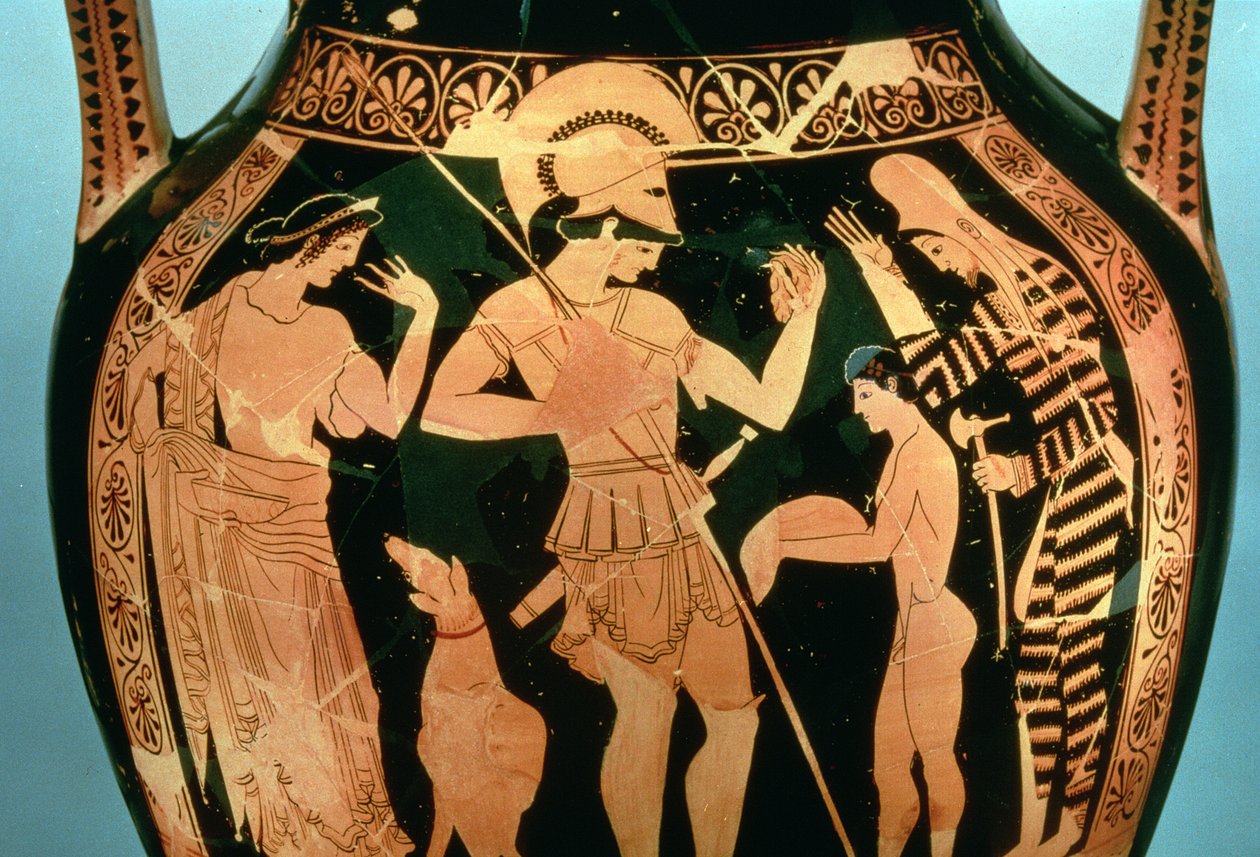 Vaso de figura roja ático que representa a un soldado participando en un ritual de adivinación antes de luchar, 490-480 a.C. de Kleophrades Painter