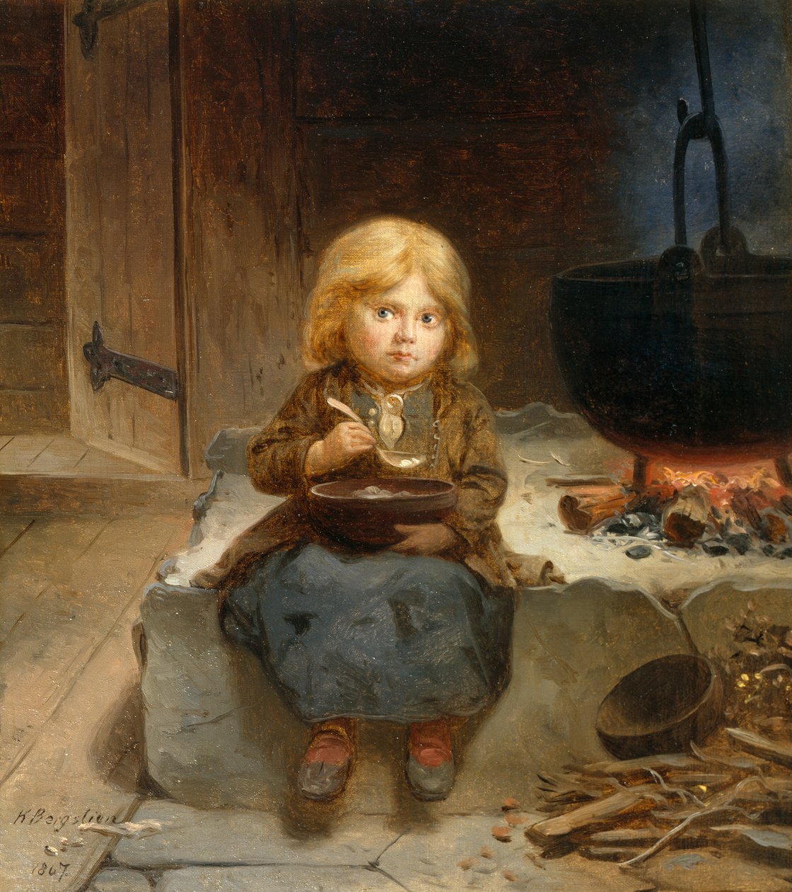 Niña pequeña, chimenea abierta de Knud Bergslien