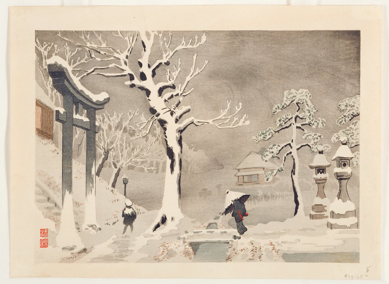 Escena de Nieve bajo el Terraplén en el Santuario Mimeguri, Mukojima de Kobayashi Kiyochika