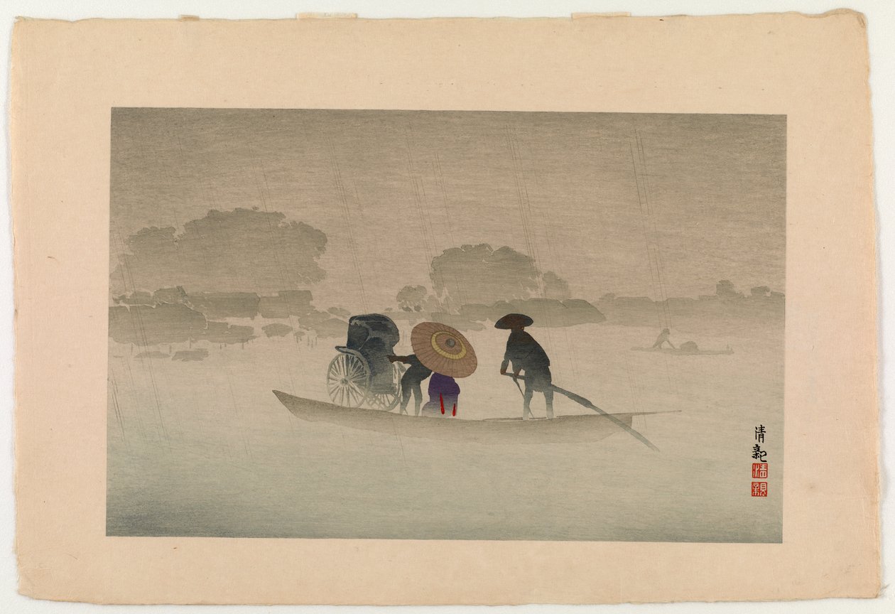 Ferry Takeya en Matsuchichiyama bajo la lluvia de primavera, 1929 de Kobayashi Kiyochika