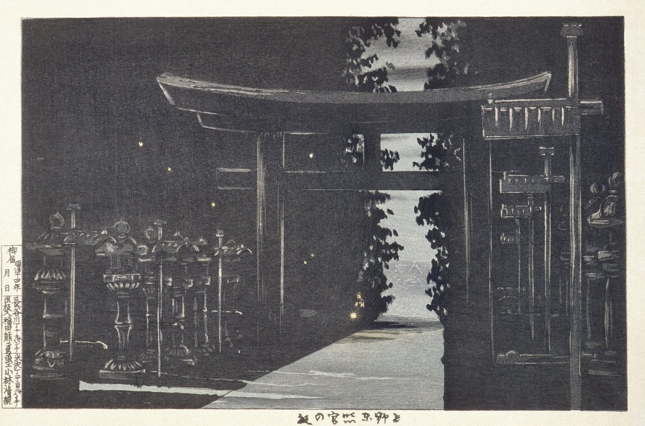 Anochecer en el santuario Tōshōgū, Ueno, Tokio de Kobayashi Kiyochika