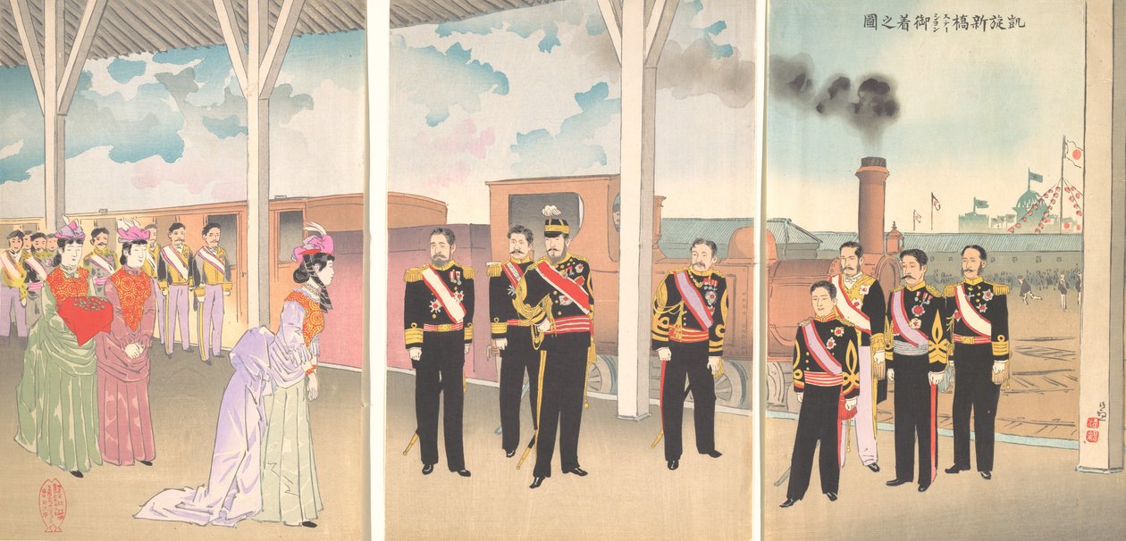Ilustración de la llegada del Emperador a la estación de Shinbashi tras una victoria Gaise..., 1895 de Kobayashi Kiyochika