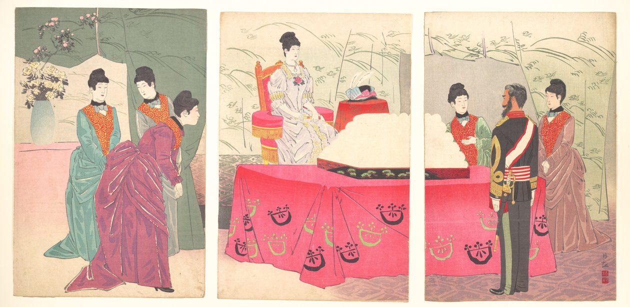 Ilustración de la visita de la emperatriz al cuartel general del Estado Mayor [para presentar una bandeja de vendas] (Sanbō honbu gyōkei no zu) de Kobayashi Kiyochika