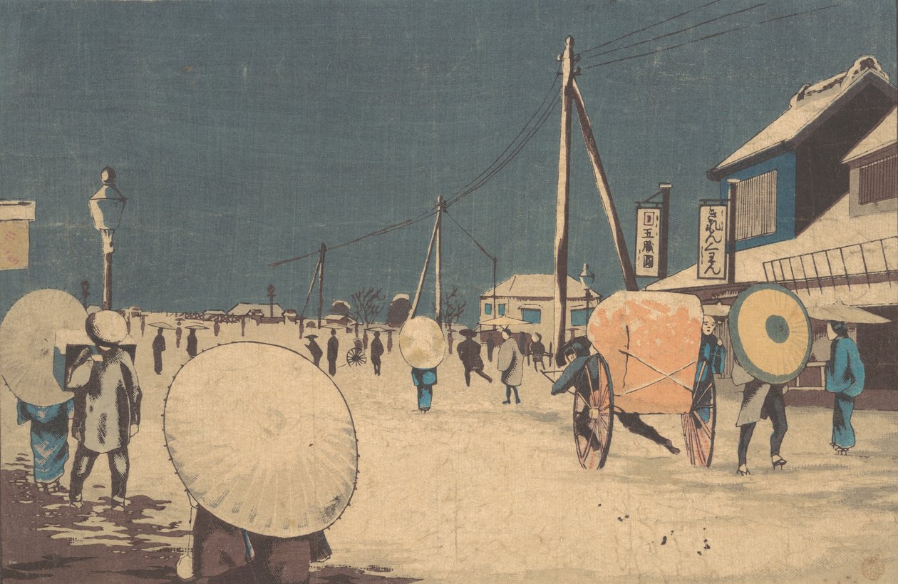 Escena callejera en las afueras de Edo en una tarde de invierno, ca. 1878 de Kobayashi Kiyochika