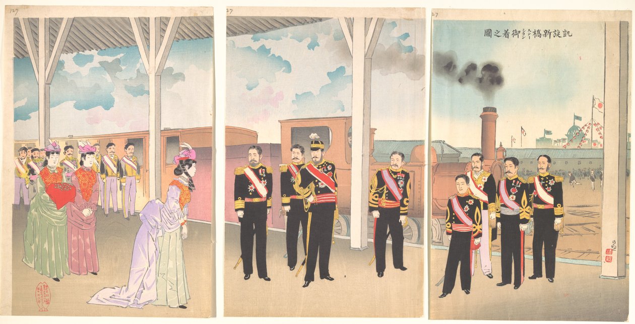 Llegada triunfal del emperador a la estación de Shinbashi de Kobayashi Kiyochika