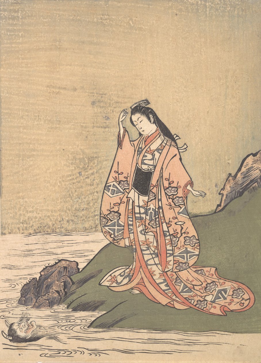 Una Chica en el Borde de un Arroyo Ve la Cabeza de un Demonio en el Agua, mediados-finales del siglo XVIII de Komatsuken Shoshoken