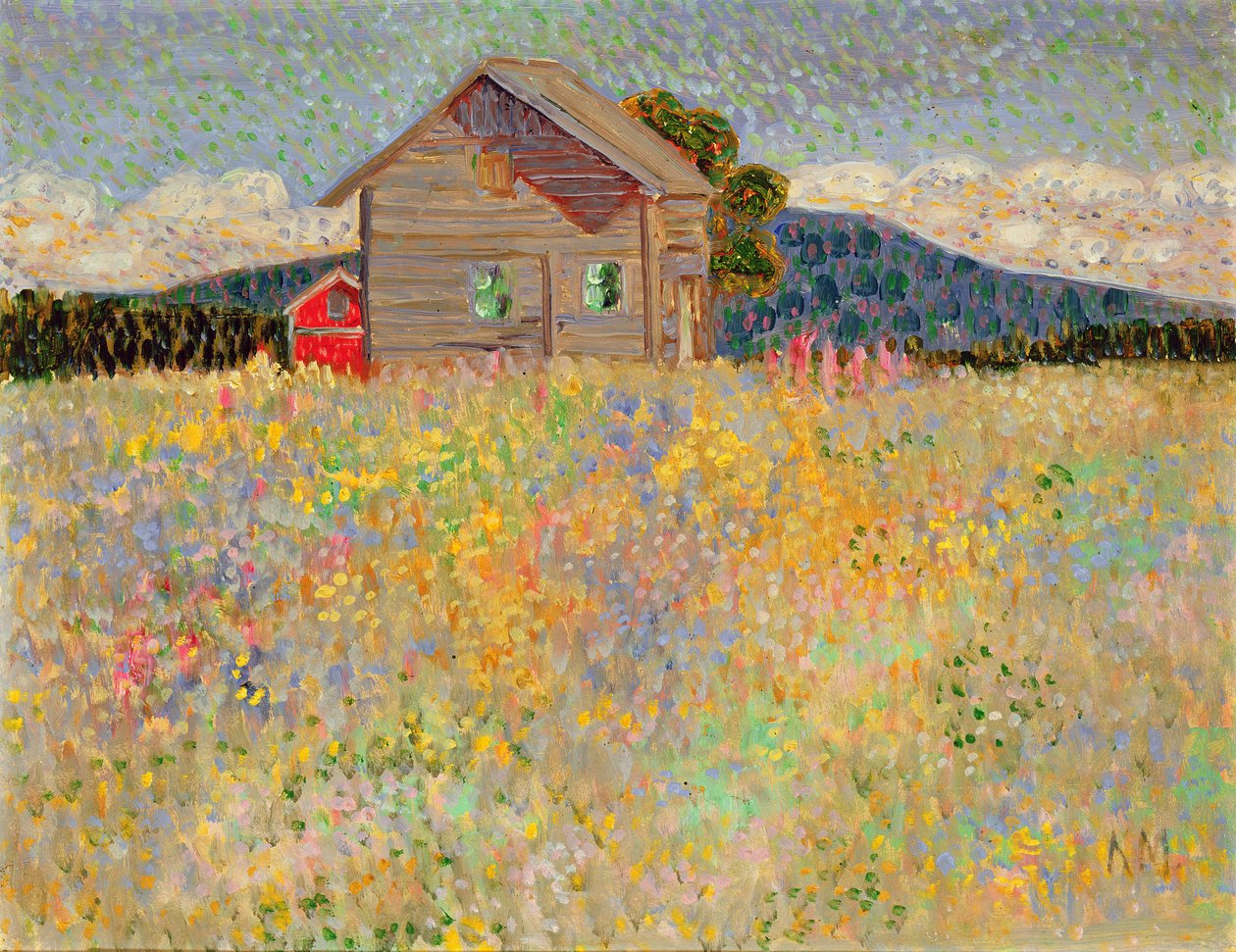 Pequeña casa de madera en un prado floreciente, c.1909 de Konrad Magi