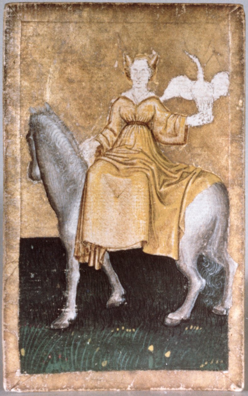 Una dama montada sosteniendo una garza en una mano, una de un conjunto de cartas que representan escenas de cetrería cortesana, Alta Renania, c.1440-45 de Konrad Witz