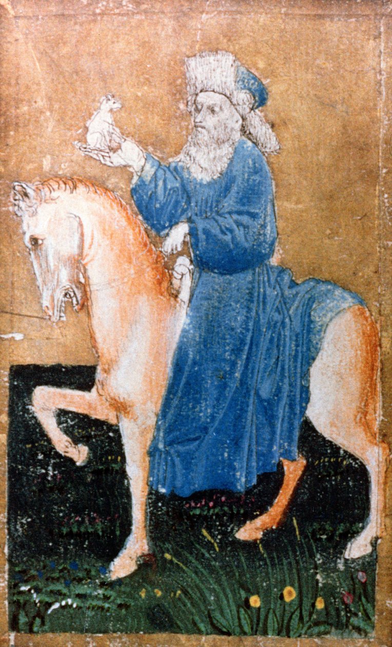 Un hombre montado sosteniendo un perro pequeño, una de un conjunto de cartas de juego que representan escenas de cetrería cortesana, Área del Alto Rin, c.1440-45 de Konrad Witz
