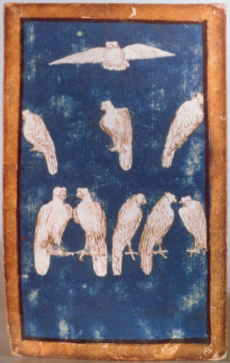 Aves de presa en vuelo y en perchas, una de un conjunto de cartas que representan escenas de cetrería cortesana, Área del Alto Rin, c.1440-45 de Konrad Witz