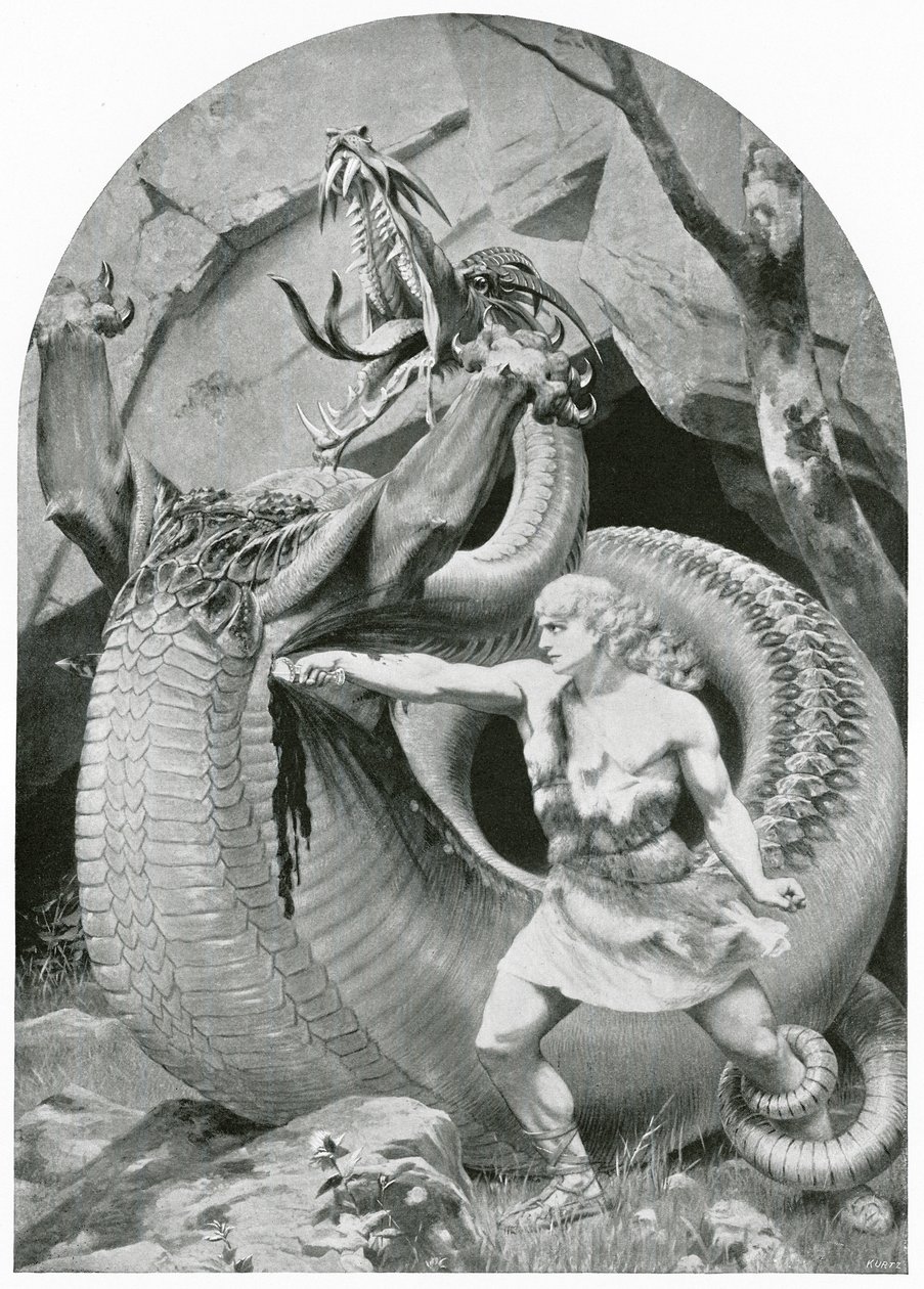 Sigfrido matando al dragón (litografía) de Konrad Dielitz
