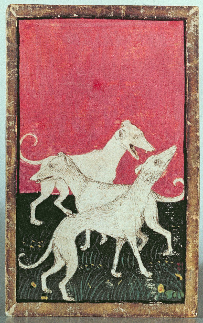 Tres perros de caza, uno de un conjunto de cartas que representan escenas de cetrería cortesana, Alta Renania, c.1440-45 de Konrad Witz