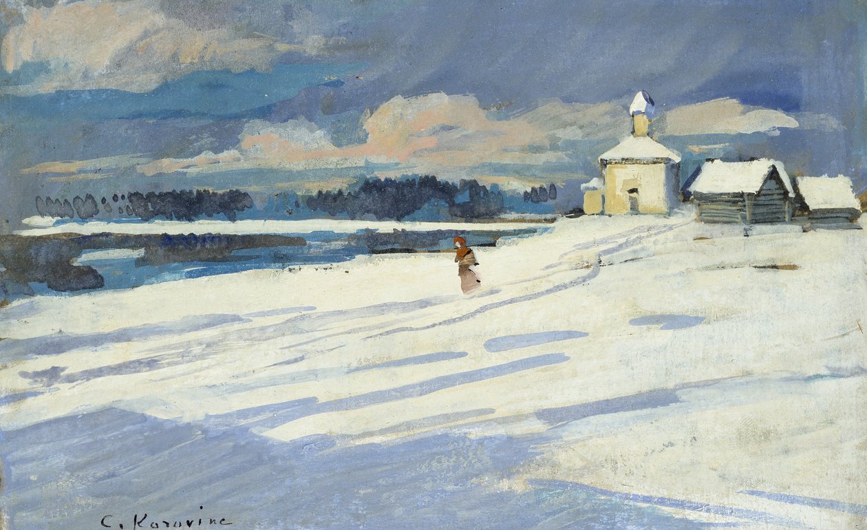 Paisaje de invierno con una pequeña iglesia de Konstantin Alekseevich Korovin
