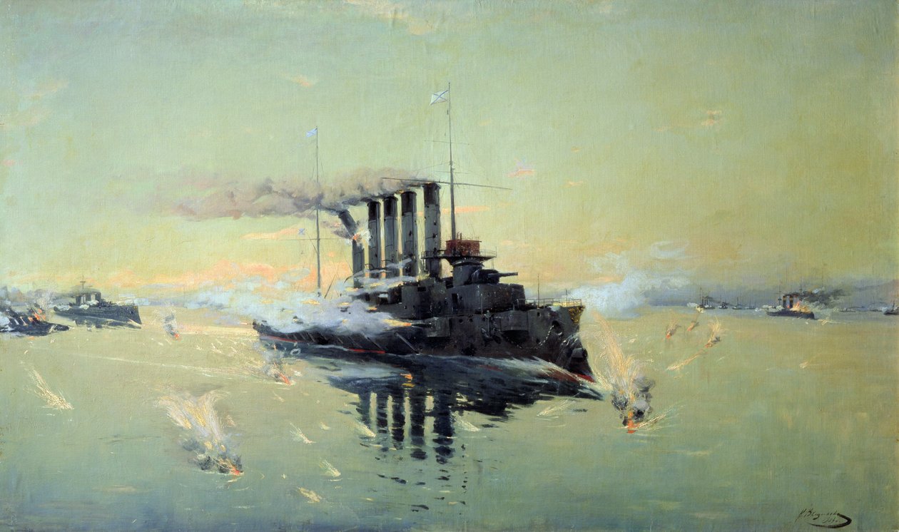 Crucero Askold luchando el 28 de julio de 1904 en el Mar Amarillo, 1906 de Konstantin Veshchilov