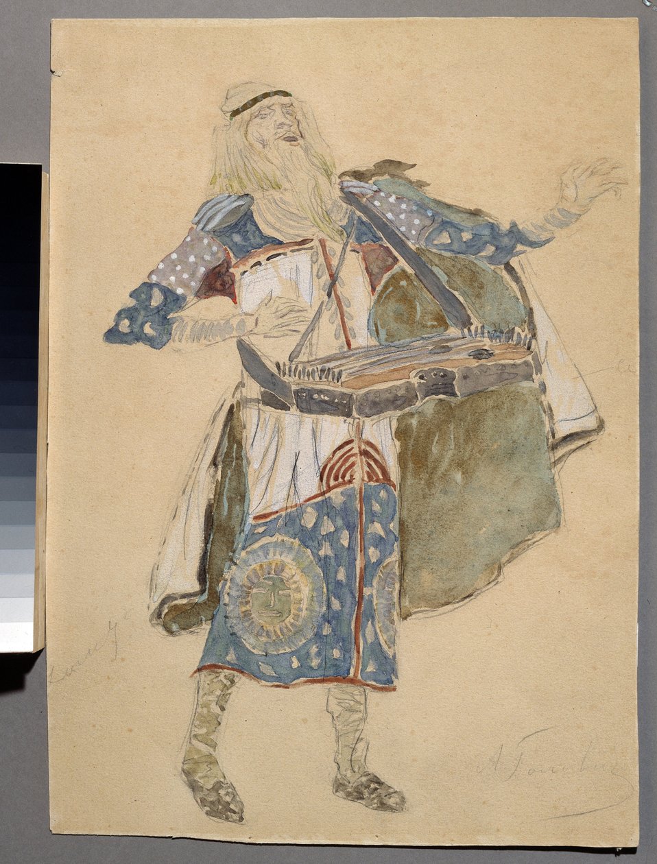 Diseño de vestuario para la ópera "Ruslan and Lyudmila" de Mikhail Igor Glinka (1804-1857) (Diseño de vestuario para la ópera Ruslan and Lyudmila de M. Glinka). Traje de un músico. Trabajo de Konstantin Alexeyevich Korovin (Constantin Korovin) (1861-1939), de Konstantin Alekseevich Korovin