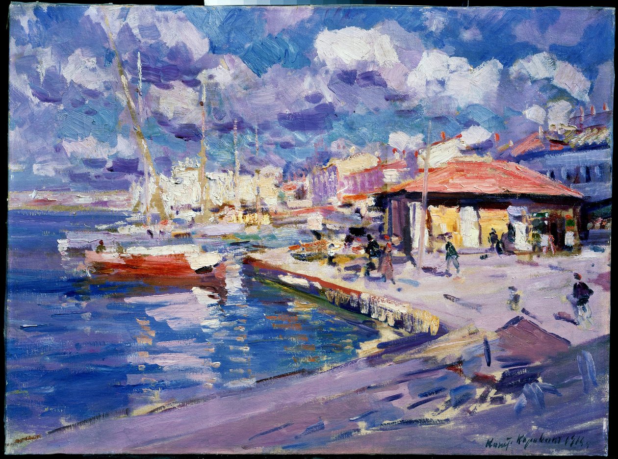 Bahía de pesca en Sebastopol (Ucrania) (bahía de pesca, Sebastopol). Vista del muelle donde se amarran barcos, caminantes y edificios bajo el sol. Pintura de Konstantin Alexeyevich Korovin (Constantin Korovin) (1861-1939), óleo sobre lienzo de Konstantin Alekseevich Korovin