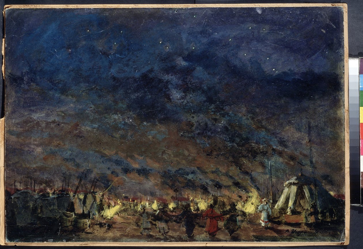 The Polovtsian Camp, Escenografía para la Ópera Prince Igor de Alexander Borodin - (The Polovtsian Camp - Escenografía para la Ópera Prince Igor de Alexander Borodin) - Bajo un cielo estrellado, las carpas del campamento enmarcan las luces, en de Konstantin Alekseevich Korovin