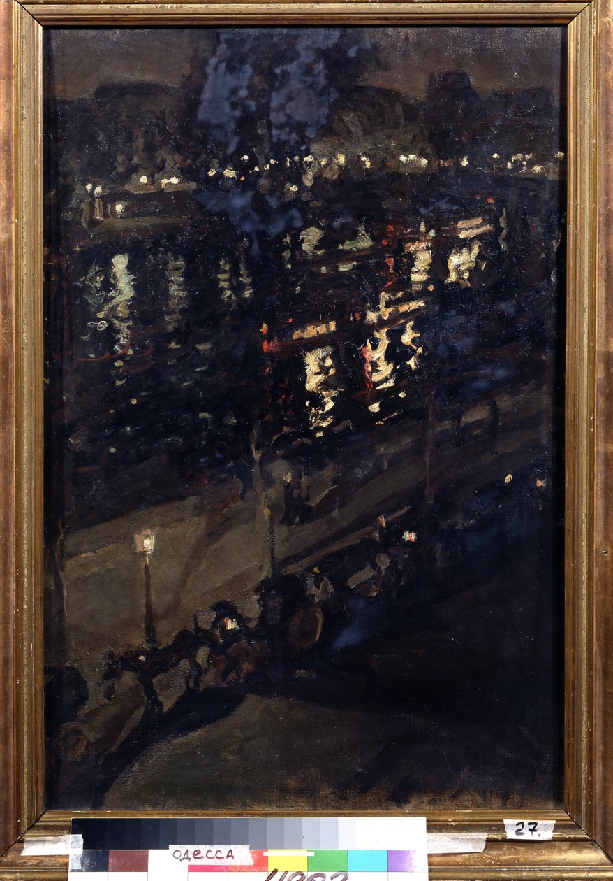 París de noche (París de noche). Vista de los muelles del Sena, con un carruaje tirado por caballos, y las luces de la ciudad reflejándose en la superficie del agua. Pintura de Konstantin Alexeyevich Korovin (Constantin Korovin) (1861-1939), óleo sobre lie de Konstantin Alekseevich Korovin