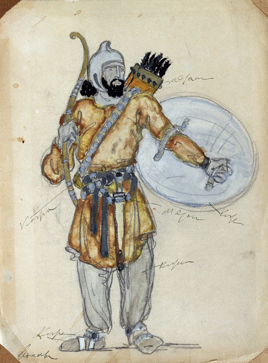 Diseño de vestuario para la ópera El príncipe Igor de Alexander Borodin (1833-1887) (Diseño de vestuario para la ópera El príncipe Igor de A. Borodin). Obra de Konstantin Alexeyevich Korovin (Constantin Korovin) (1861-1939), acuarela y gouache sobre papel de Konstantin Alekseevich Korovin