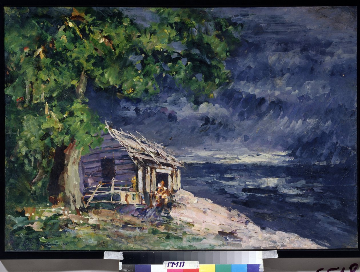 Proyecto de diseño para el ballet Le Poisson Dore de Ludwig (Leon) Minkus (Escenografía para el Ballet El pez dorado de Ludwig Minkus) - Una cabaña de madera junto al mar - Obra de Konstantin Alexeyevich Korovin (Constantin Korovine) (1861) -1939) , templo de Konstantin Alekseevich Korovin