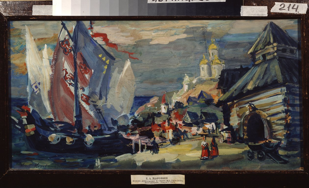 Proyecto de diseño para la ópera Sadko de Nicolas (Nikolai) Rimsky Korsakov (Rimsky-Korsakov) (1844-1908) (Escenografía para la ópera Sadko de N. Rimsky-Korsakov (Rimsky Korsakov). Un velero en el muelle de una ciudad con construcciones de madera. de Konstantin Alekseevich Korovin
