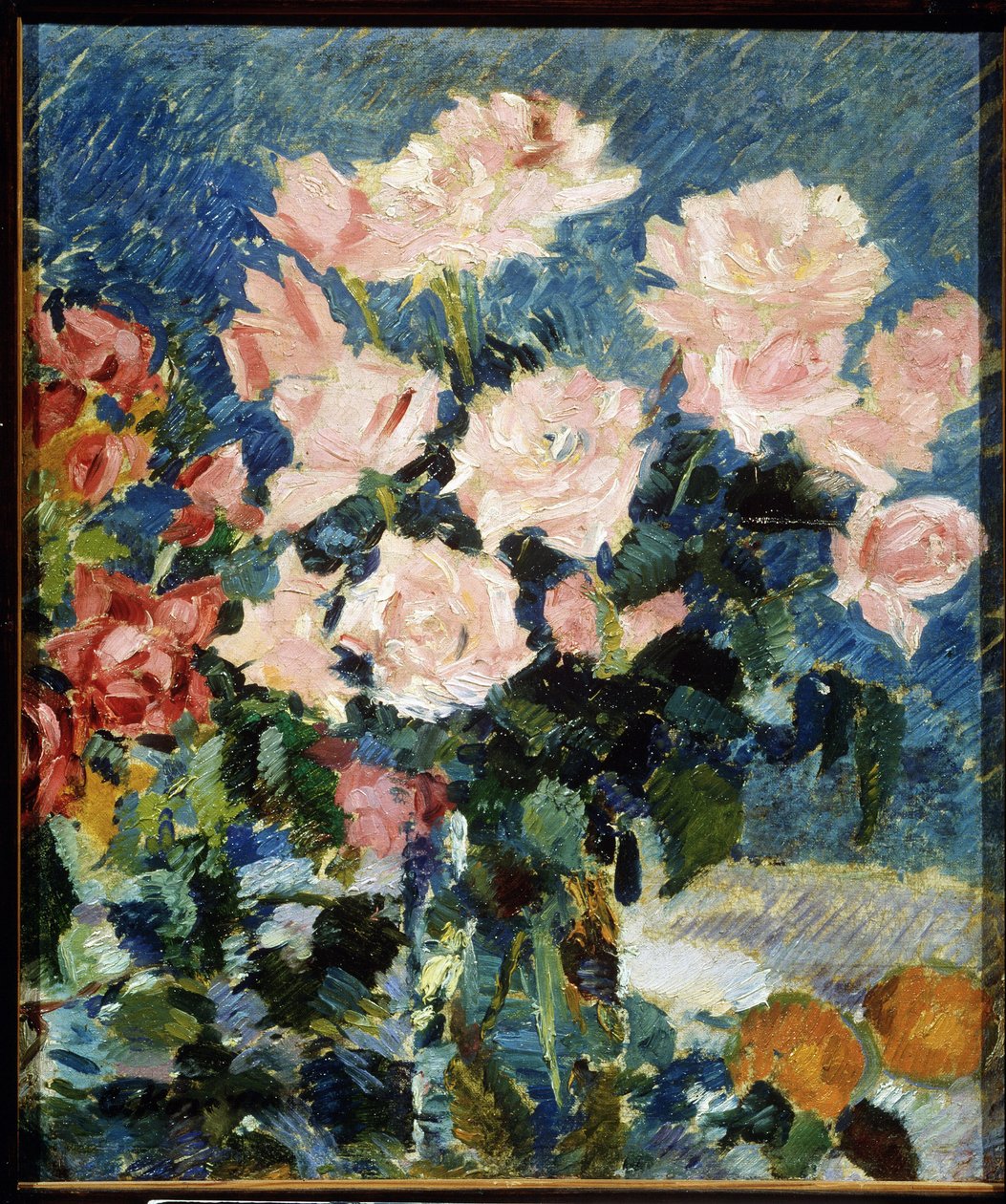 Rosas (Rosas). Pintura de Konstantin Alexeyevich Korovin (Constantin Korovin) (1861-1939), óleo sobre lienzo, hacia 1930. Naturaleza muerta, arte ruso del siglo XX, postimpresionismo. Museo Estatal de Arte, Yaroslavl (Rusia). de Konstantin Alekseevich Korovin