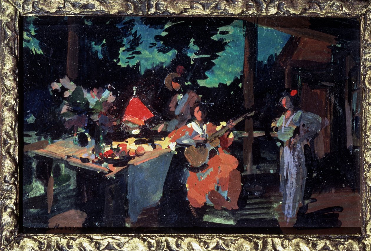 Terraza, velada en la casa de campo. (Terraza. Tarde en la masía). Mesa puesta con comida, una mujer toca la guitarra y otros dos personajes la rodean. Obra de Konstantin Alexeyevich Korovin (Constantin Korovin) (1 de Konstantin Alekseevich Korovin