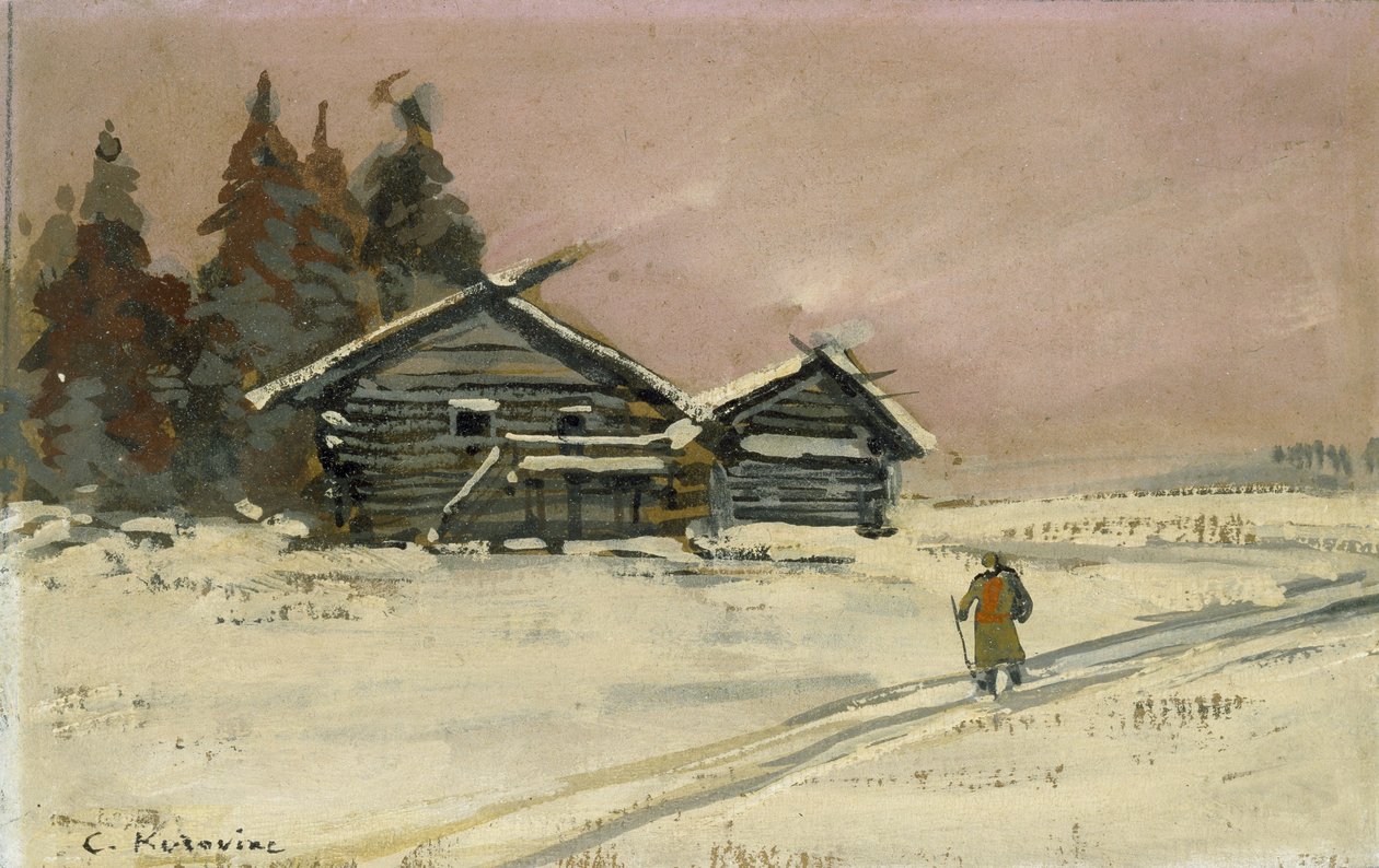 Paisaje de invierno con dos cabañas de madera de Konstantin Alekseevich Korovin