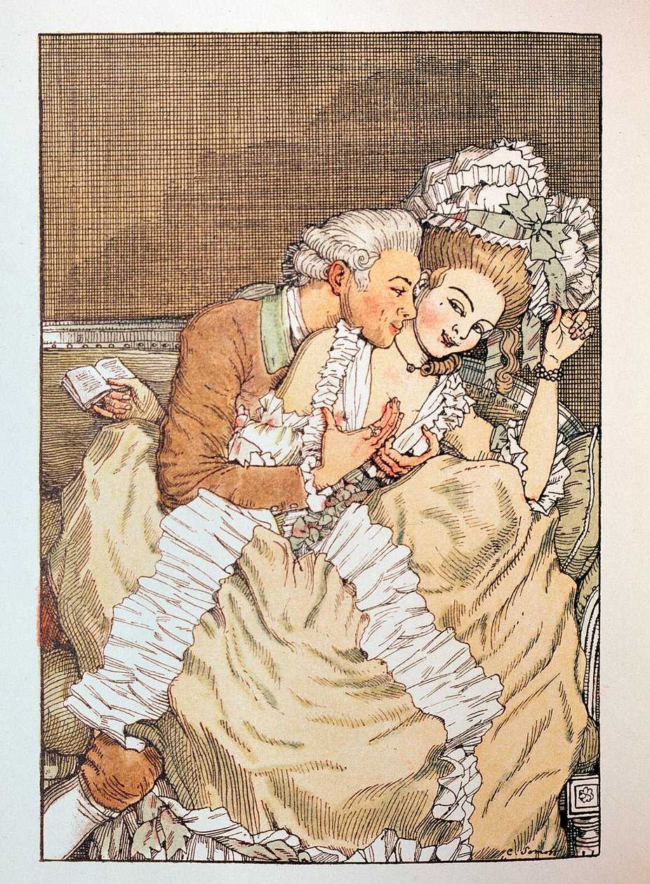 Ilustración para ""Le Livre de la Marquise"" de Franz Blei (Ilustración para el Libro de la marquesa de Franz Blei) (una marquesa bromeando con un amante impaciente) - Obra de Konstantin (Constantin) Andreyevich Somov (1869-1939), grabado de Konstantin Andreevic Somov