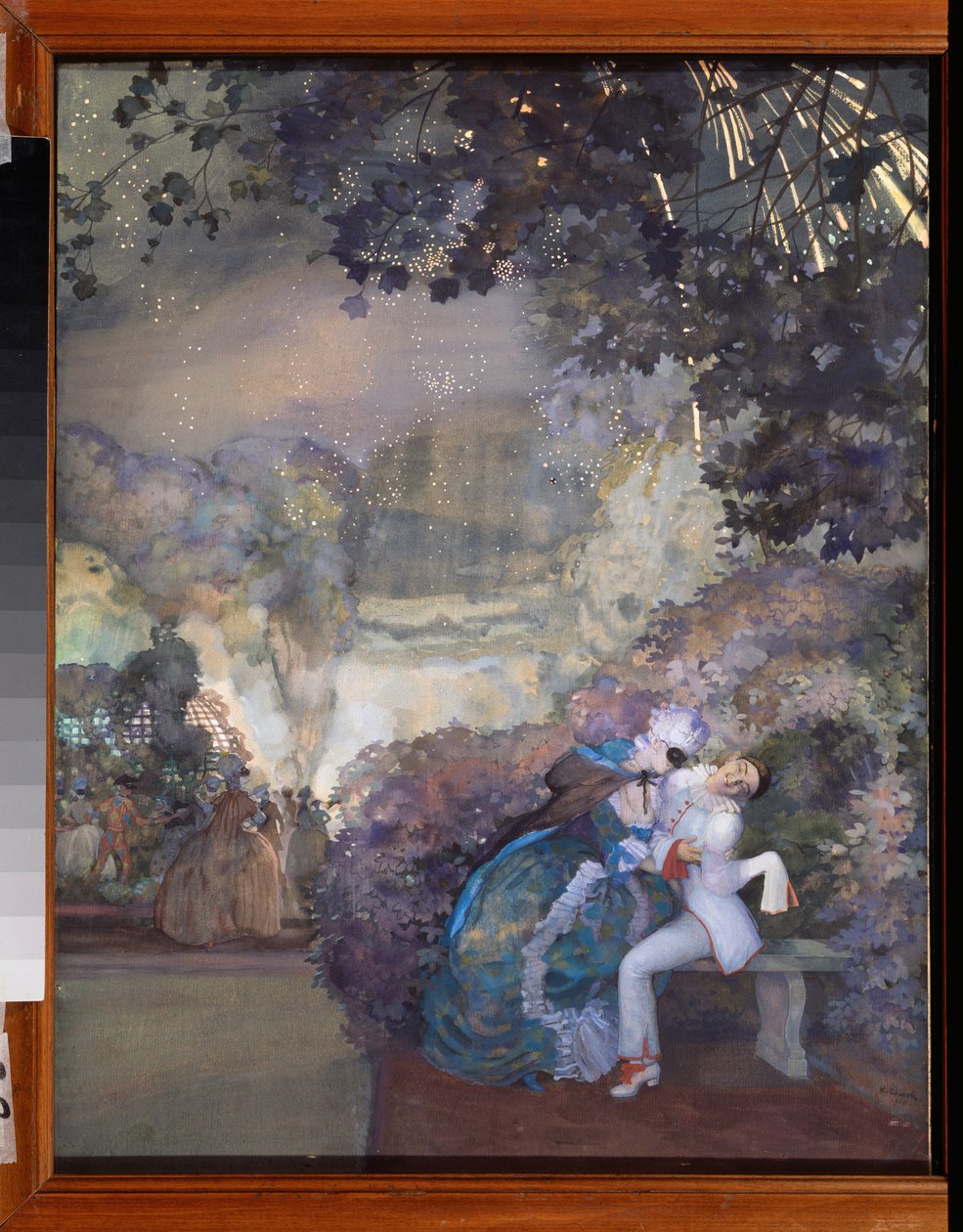 Pierrot y una mujer. (Coqueteando en un baile de máscaras). Obra de Konstantin (Constantin) Andreyevich Somov (1869-1939), gouache sobre papel de Konstantin Andreevic Somov
