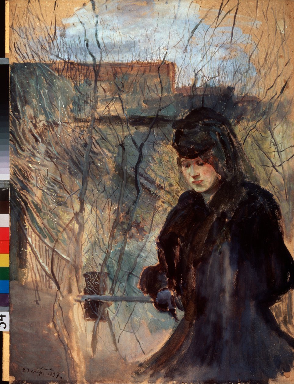 Printemps (Primavera) (Una mujer vestida de negro, mirando melancólica y mirando hacia abajo, apoyada en una delgada barrera) - Obra de Konstantin (Constantin) Andreyevich Somov (1869-1939), acuarela y gouache sobre cartón de Konstantin Andreevic Somov