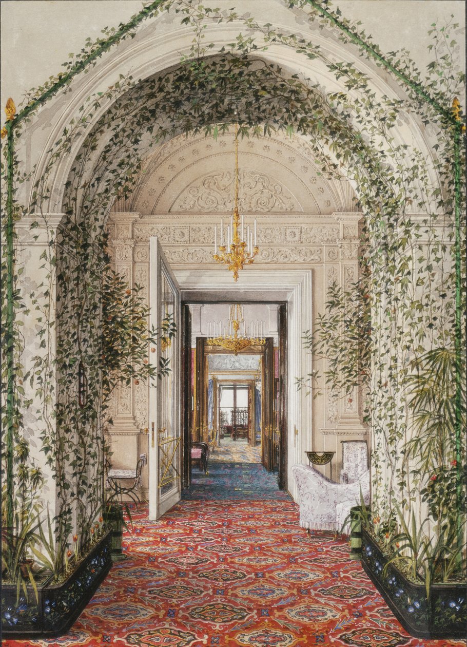 Interiores del Palacio de Invierno. El pequeño jardín de invierno en los apartamentos de Alexandra Fyodorovna, mediados del siglo XIX de Konstantin Andreyevich Ukhtomsky