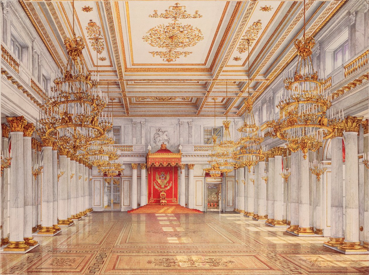 El George Hall, Gran Salón del Trono, del Palacio de Invierno en San Petersburgo - Obra de Konstantin Andreyevich Ukhtomsky (Constantin Oukhtomsky) (1818-1881), acuarela sobre pa de Konstantin Andreyevich Ukhtomsky