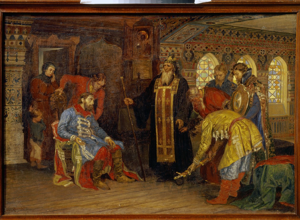 La invitación del Príncipe Dmitry Pozharsky (1577-1642) para comandar los ejércitos para la liberación de Moscú. (La invitación del príncipe Pozharsky para gobernar ejércitos para la liberación de Moscú). Después de recibir la bendición de Irenarchus de Ro de Konstantin Apollonovich Savitsky