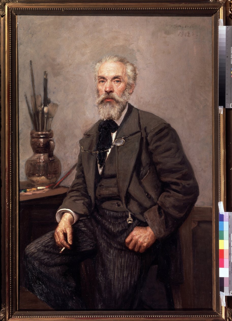 Retrato del artista Konstantin Savitsky (1844-1905) (Retrato del artista K. Savitsky). Pintura de Nikolai Karlovich Grandkovsky (1864-1907), óleo sobre lienzo de Konstantin Apollonovich Savitsky