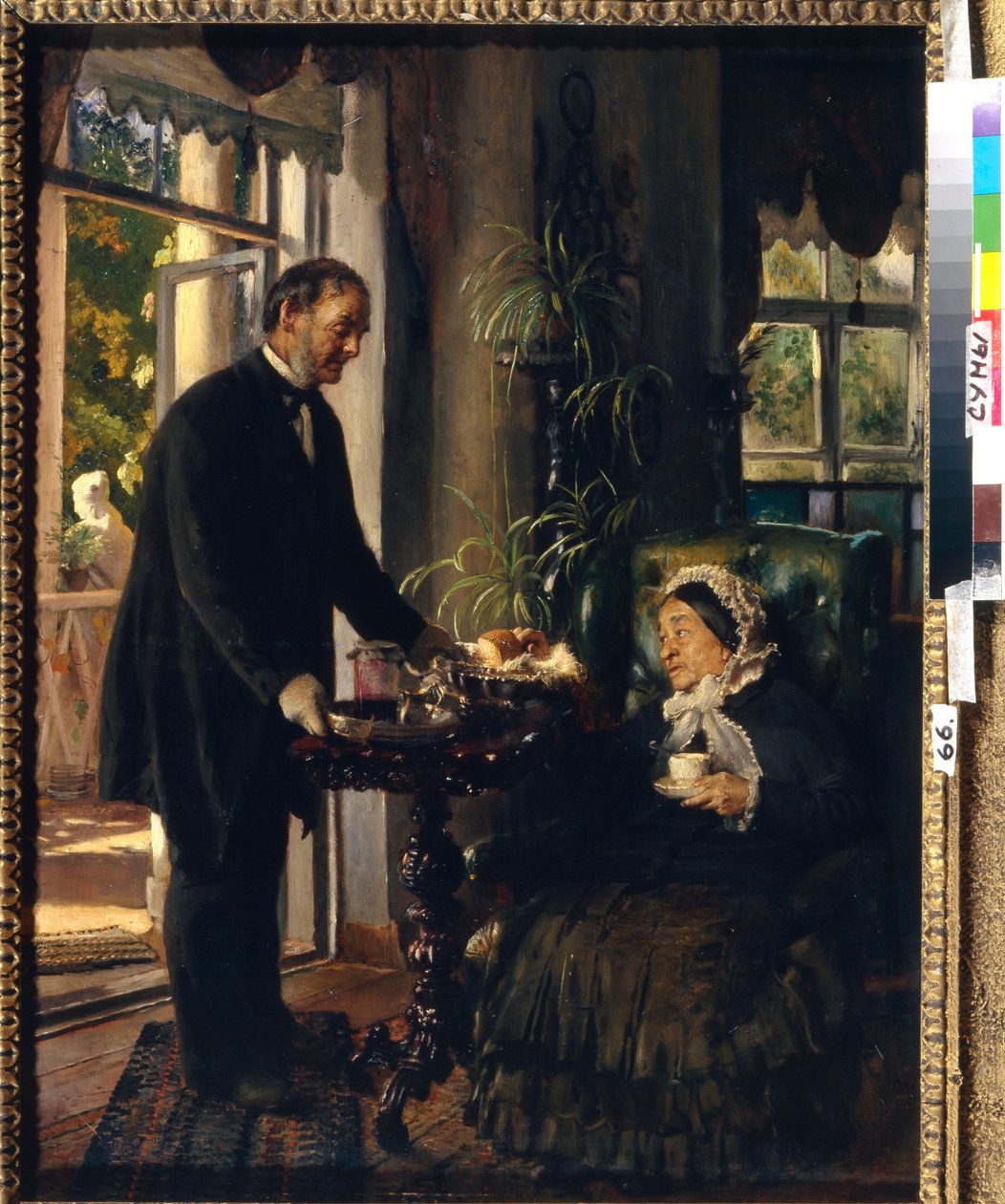 Una mansión castellana. (Una anciana toma el té, servido por un sirviente que le obsequia con pan y mermelada). Pintura de Konstantin Yegorovich Makovsky (Constantin Makovsky) (1839-1915), óleo sobre lienzo de Konstantin Egorovich Makovsky