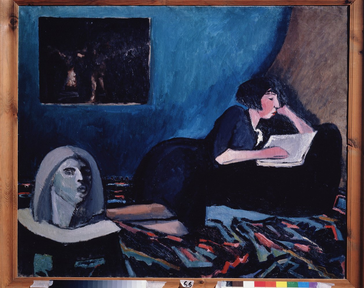 Una mujer leyendo. Pintura de Konstantin Nikolayevich Istomin (1887-1942), óleo sobre lienzo 1931 Arte moderno ruso, siglo XX. Galería Estatal Tretyakov, Moscú. de Konstantin Istomin