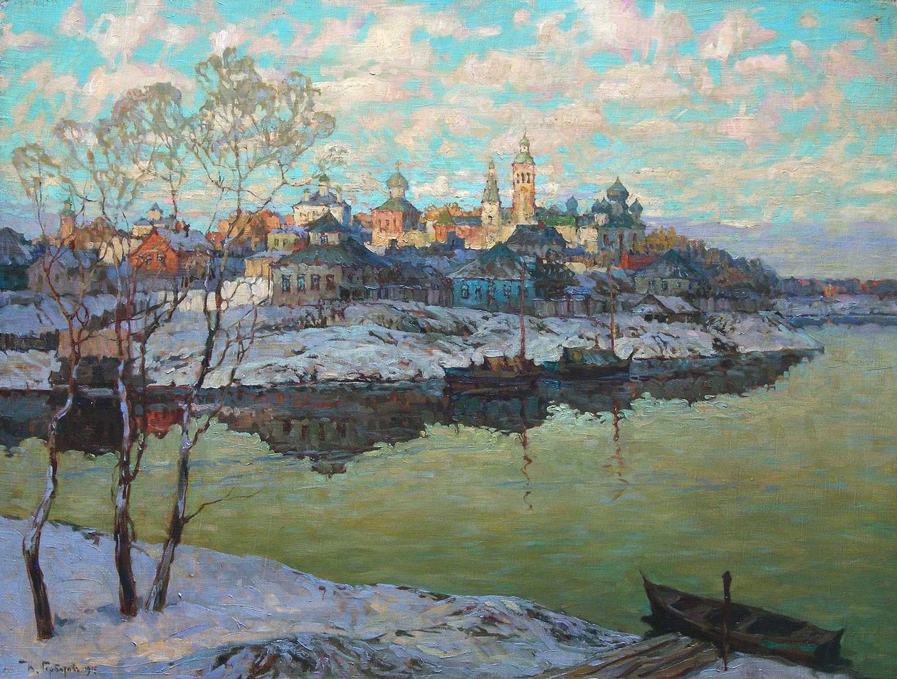 Primavera temprana, una ciudad en el río, 1916 de Konstantin Ivanovich Gorbatov