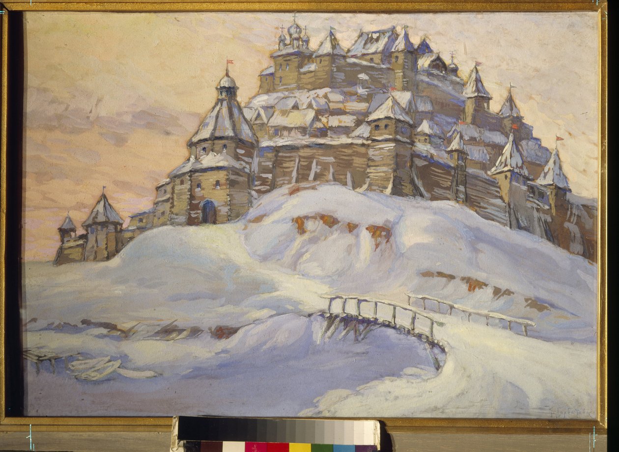 Fortaleza de la antigua Rusia (ciudad fortificada de madera bajo la nieve en Ucrania en la Edad Media). Obra de Konstantin (Constantin) Ivanovich Gorbatov (1876-1945), temple sobre madera, principios del siglo XX. Colección privada. de Konstantin Ivanovich Gorbatov