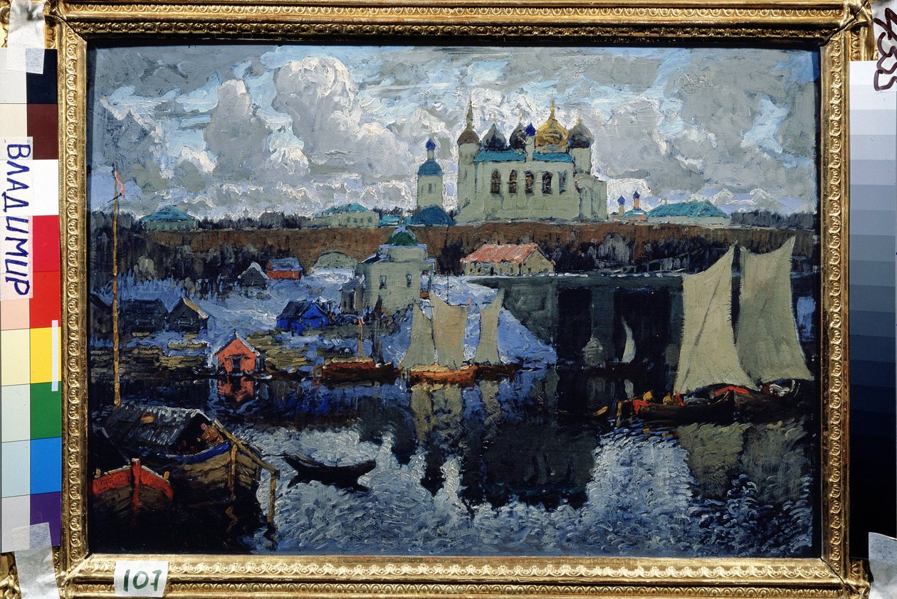 Le Pont a Novgorod (Russie) (Novgorod, Pier). Peinture de Konstantin (Constantin) Ivanovich Gorbatov (1876-1945), huile sur toile. de Konstantin Ivanovich Gorbatov