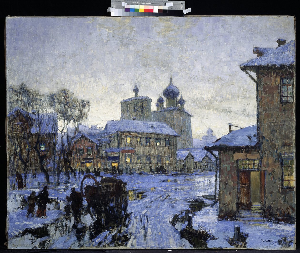 "El deshielo" Paisaje de pueblo ruso al final del invierno. Pintura de Konstantin (Constantin) Gorbatov (1876-1945) 1910 Museo de Arte M. Kroshitsky, Sebastopol de Konstantin Ivanovich Gorbatov