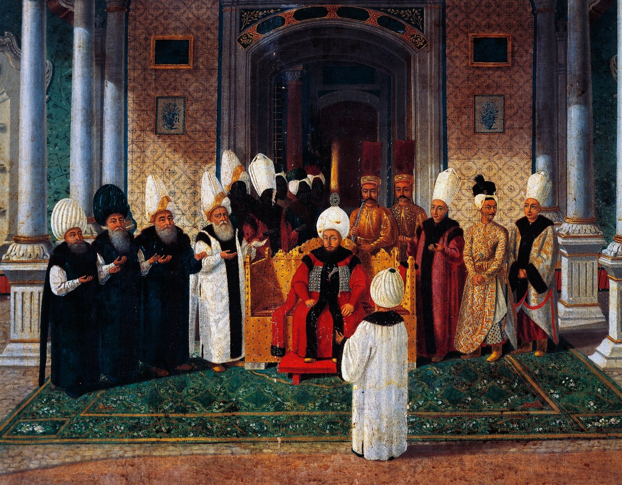 Selim III (1761-1808) recibiendo dignatarios bajo el dosel de la Puerta de la Felicidad en Topkapi (detalle de la ceremonia de ascenso al trono del sultán Suleyman III, c.1789) de Konstantin Kapidagli