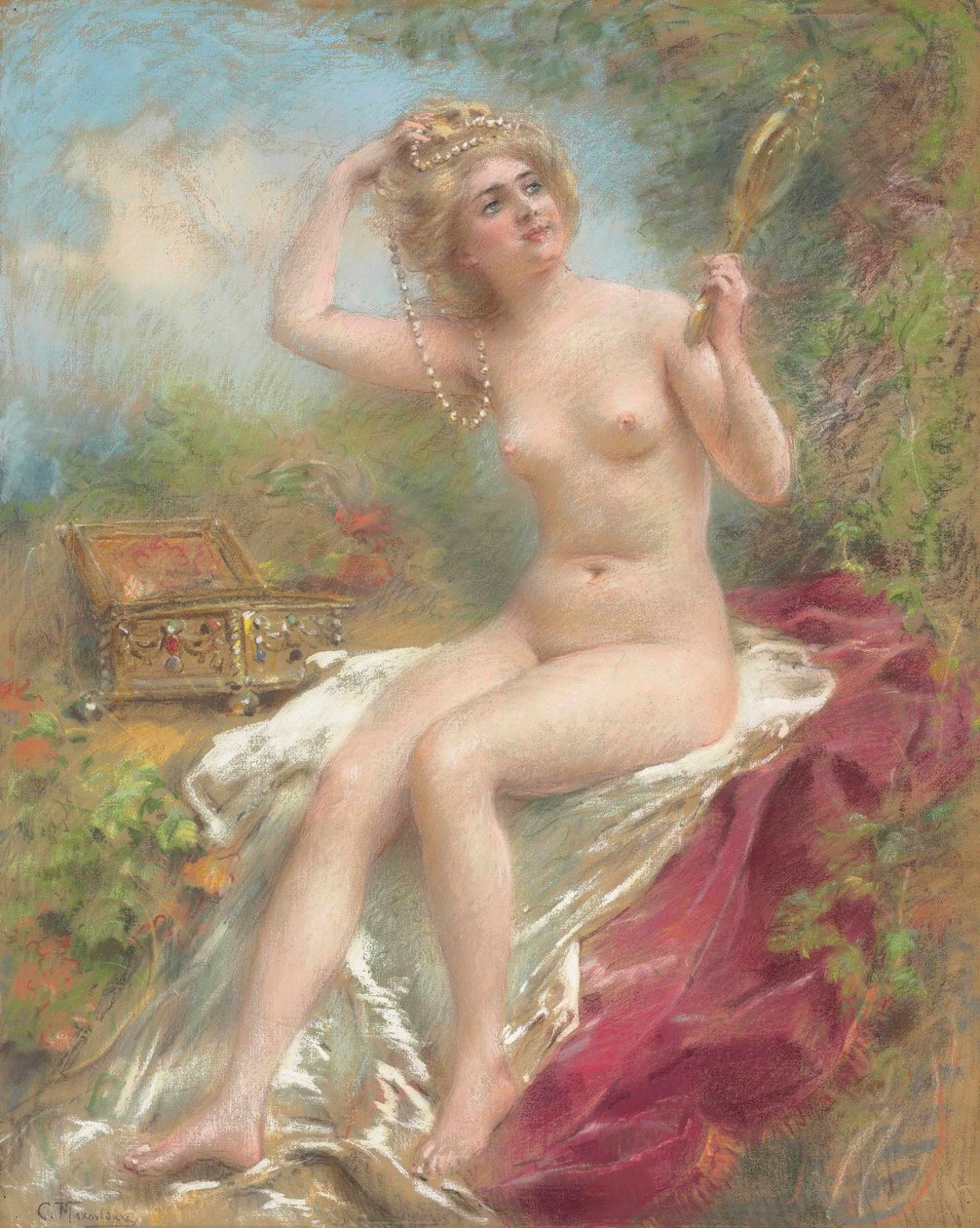 Desnudo sentado mirándose en un espejo de Konstantin Makovsky