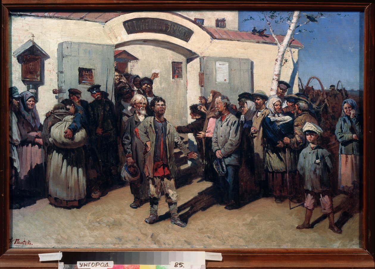 Regreso a la libertad. (Prisioneros que son liberados de un centro penitenciario, con los ojos fijos en el cielo y una multitud emocionada esperándolos). Pintura de Konstantin Petrovich Pyneev (1868-1922), óleo sobre lienzo. Arte ruso de Konstantin Petrovich Pyneev