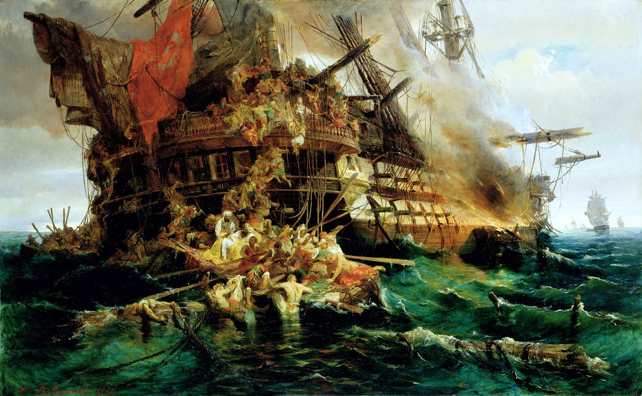 Un buque de guerra turco en llamas de Konstantinos or Constantin Bolanachi